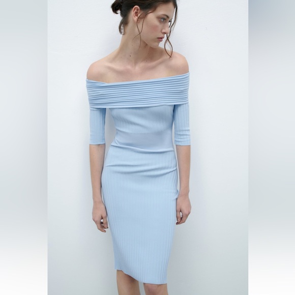 Zara OFF-THE-SHOULDER KNIT DRESS. Light Blue. Size S. New with Tags. - Picture 5 of 10